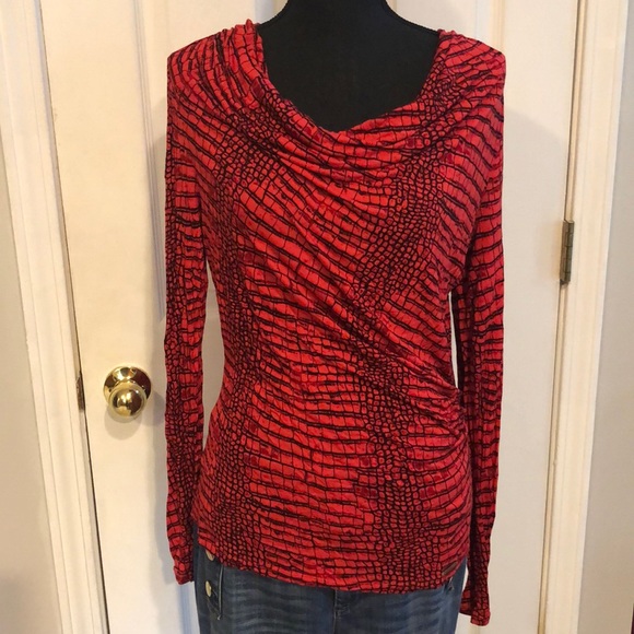 Michael Kors Tops - MICHAEL KORS DRAPE NECK RED AND BLACK REPTILE PRINT ROUCHED TOP SIZE MEDIUM